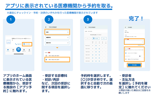 アプリに表示されている医療機関から予約を取る